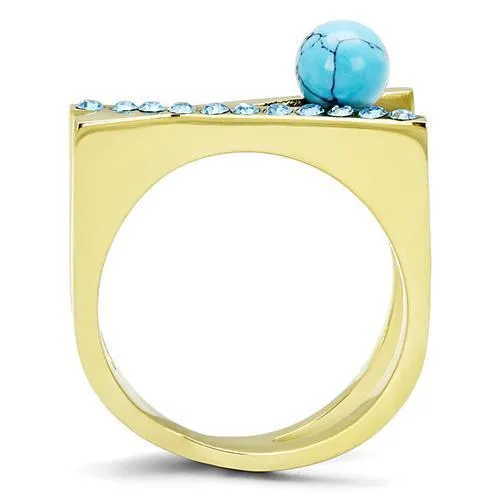 IP Gold(Ion Plating) Stainless Steel Ring with Synthetic Turquoise in Turquoise for Women Style TK3130