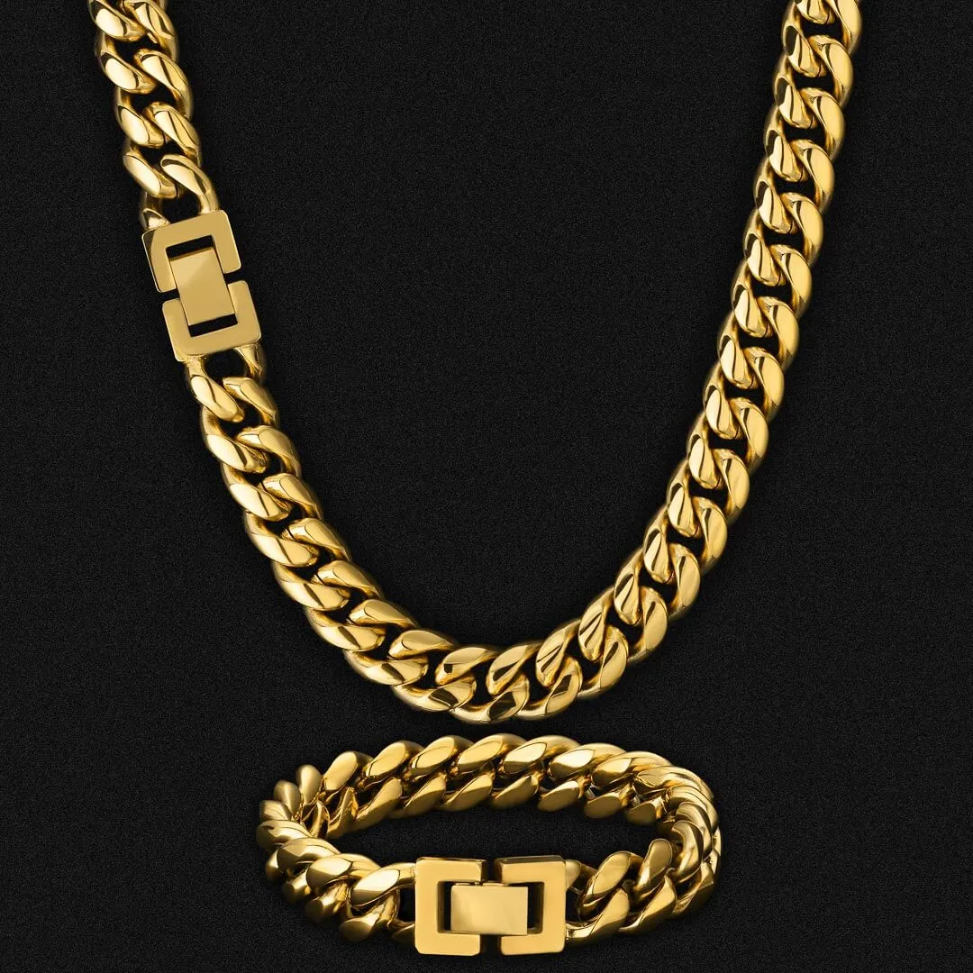 KRKC 12mm Mens Miami Cuban Link Chain and Bracelet Set in 18K Gold