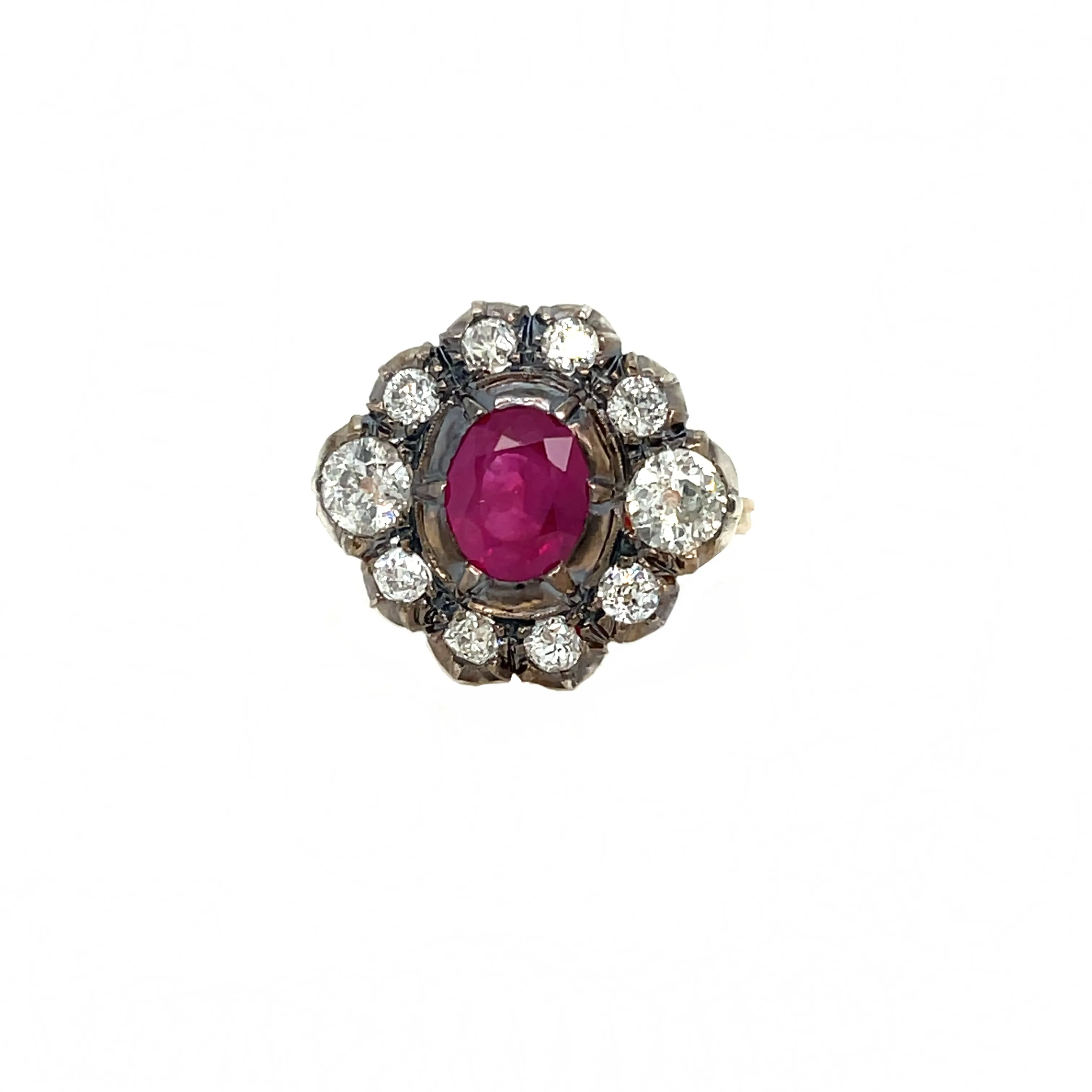 Late 19th century 2.05 Carat Ruby Diamond Gold Cluster Ring