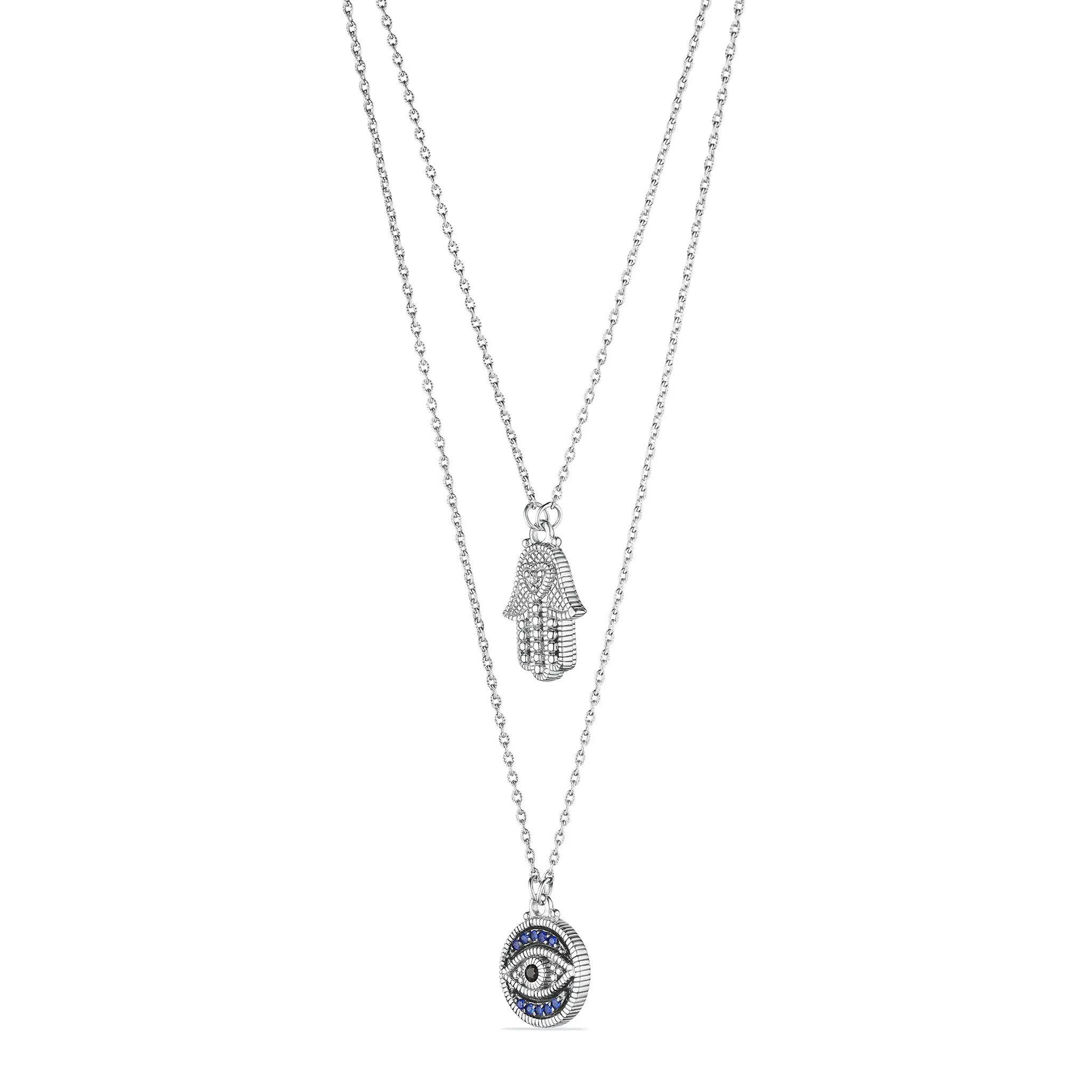 Little Luxuries Evil Eye and Hamsa Layered Necklace with Black Sapphire, Blue Sapphire and Diamonds