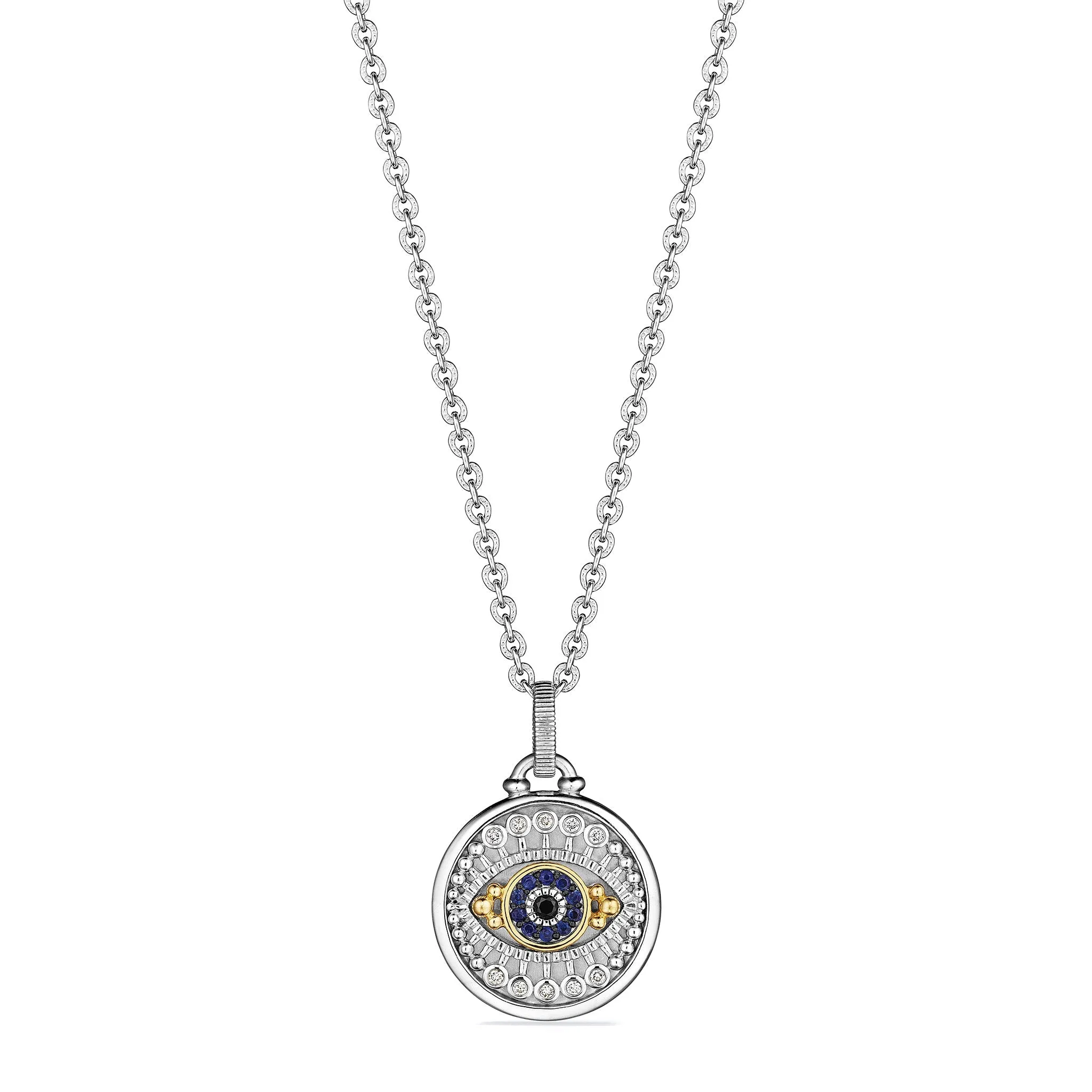 Little Luxuries Evil Eye Medallion Necklace with Black Sapphire, Blue Sapphire, Diamonds and 18K Gold