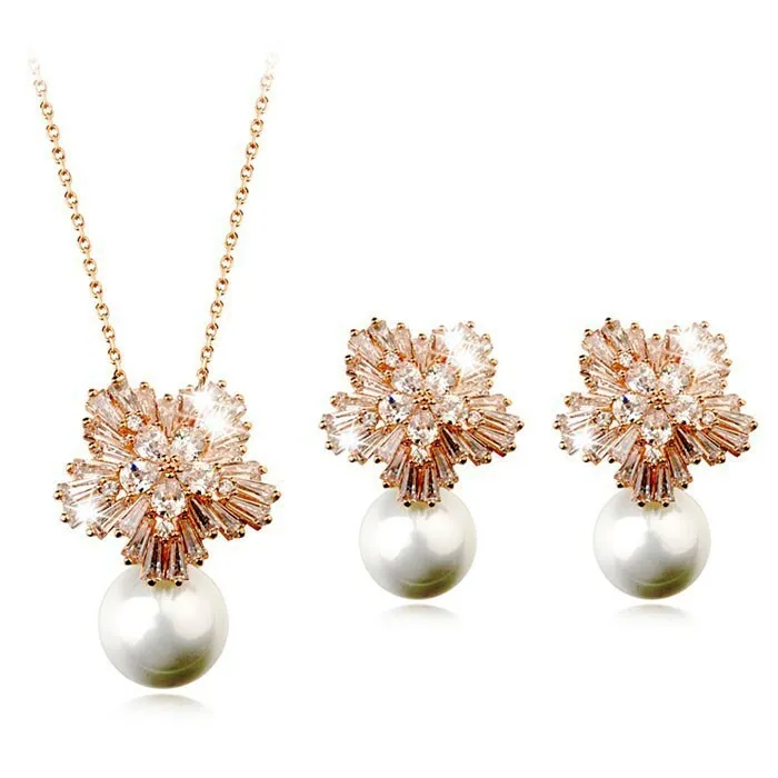 luxury pearl necklace earrings set with zircon jewelry  fashion bride