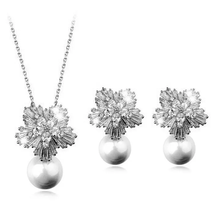 luxury pearl necklace earrings set with zircon jewelry  fashion bride