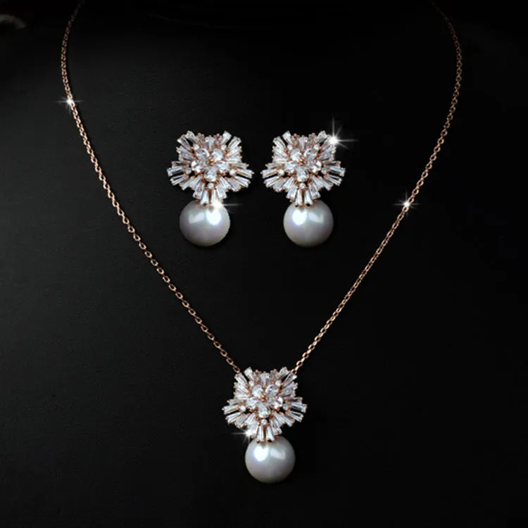 luxury pearl necklace earrings set with zircon jewelry  fashion bride