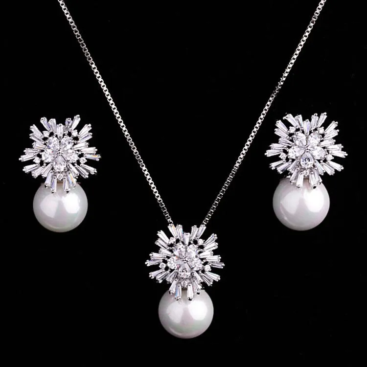 luxury pearl necklace earrings set with zircon jewelry  fashion bride