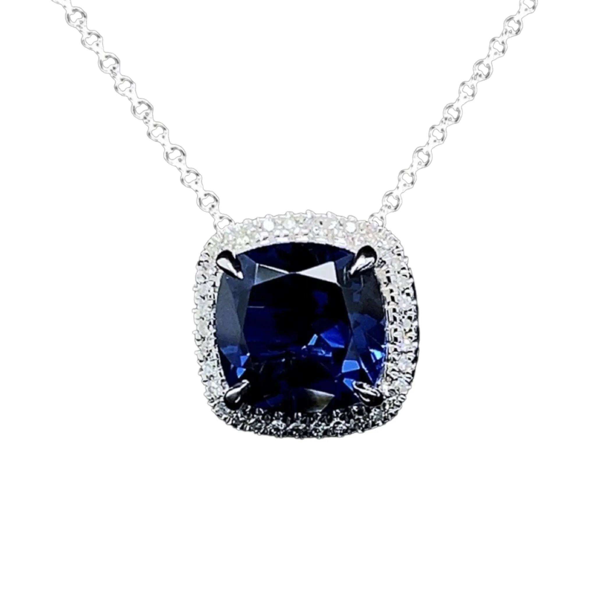 #LVNA2024 | Blue Sapphire Cushion Halo Diamond Necklace 16-18” 18kt