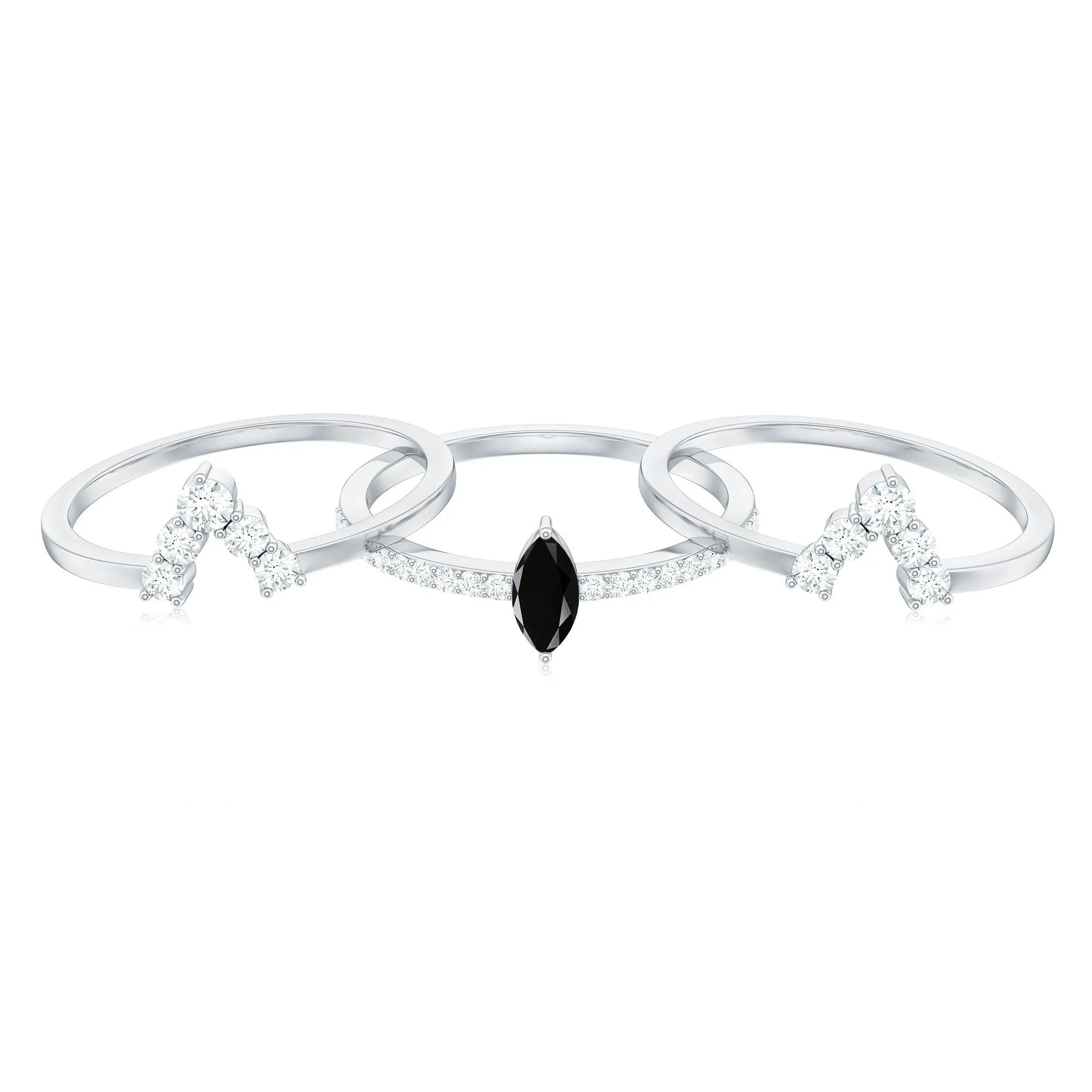 Marquise Black Diamond Solitaire Trio Ring Set with Moissanite