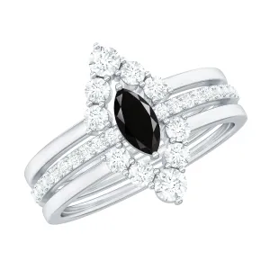 Marquise Black Diamond Solitaire Trio Ring Set with Moissanite