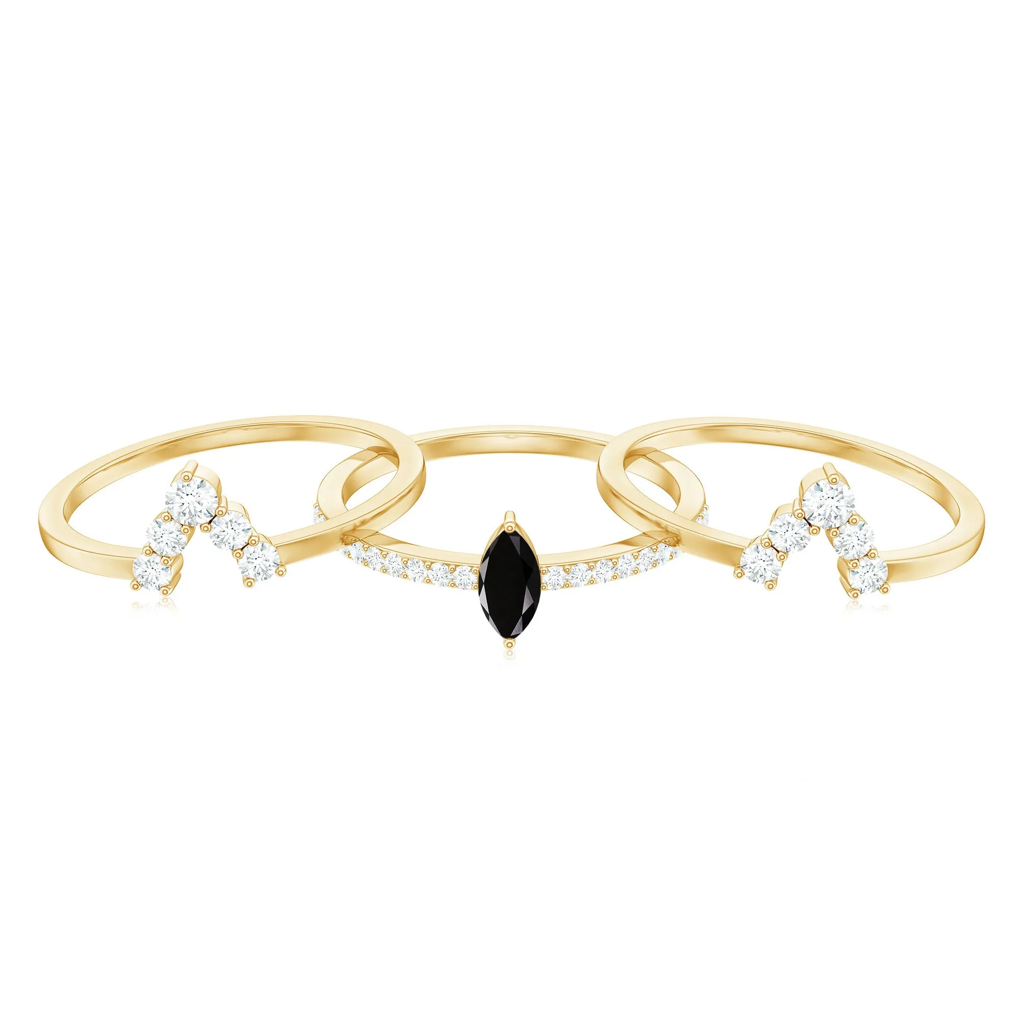 Marquise Black Diamond Solitaire Trio Ring Set with Moissanite