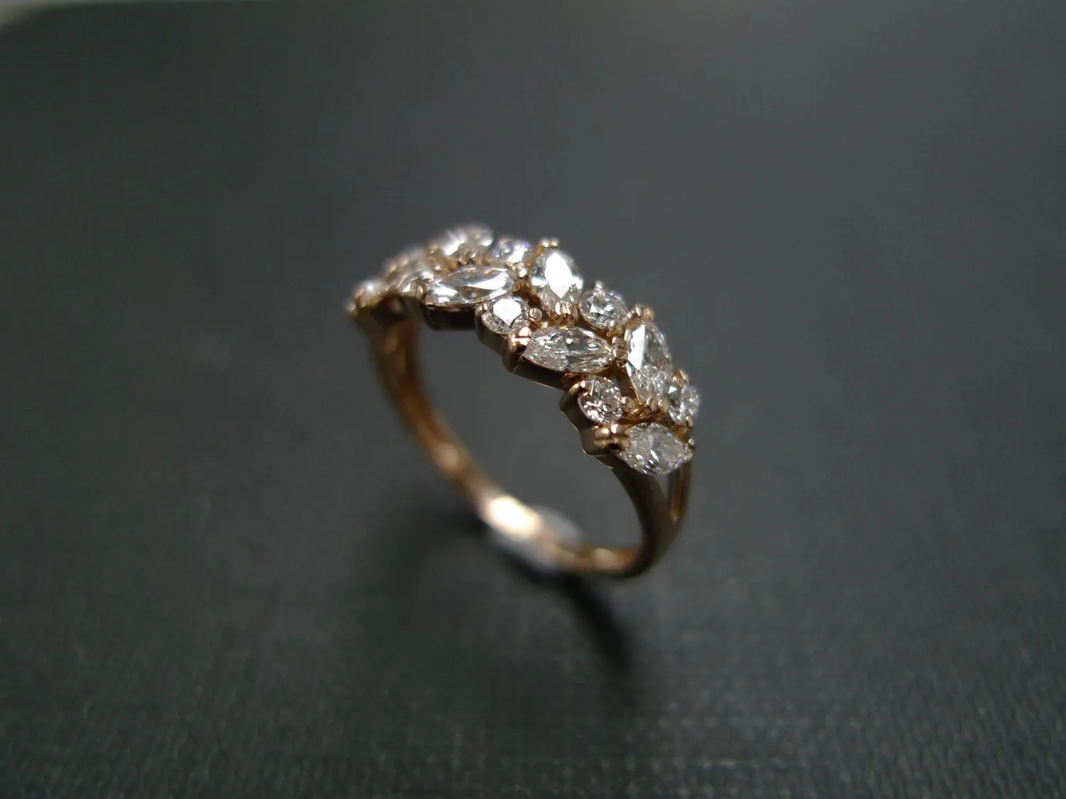 Marquise Cut Diamond and Round Brilliant Cut Diamond Ring in Rose Gold