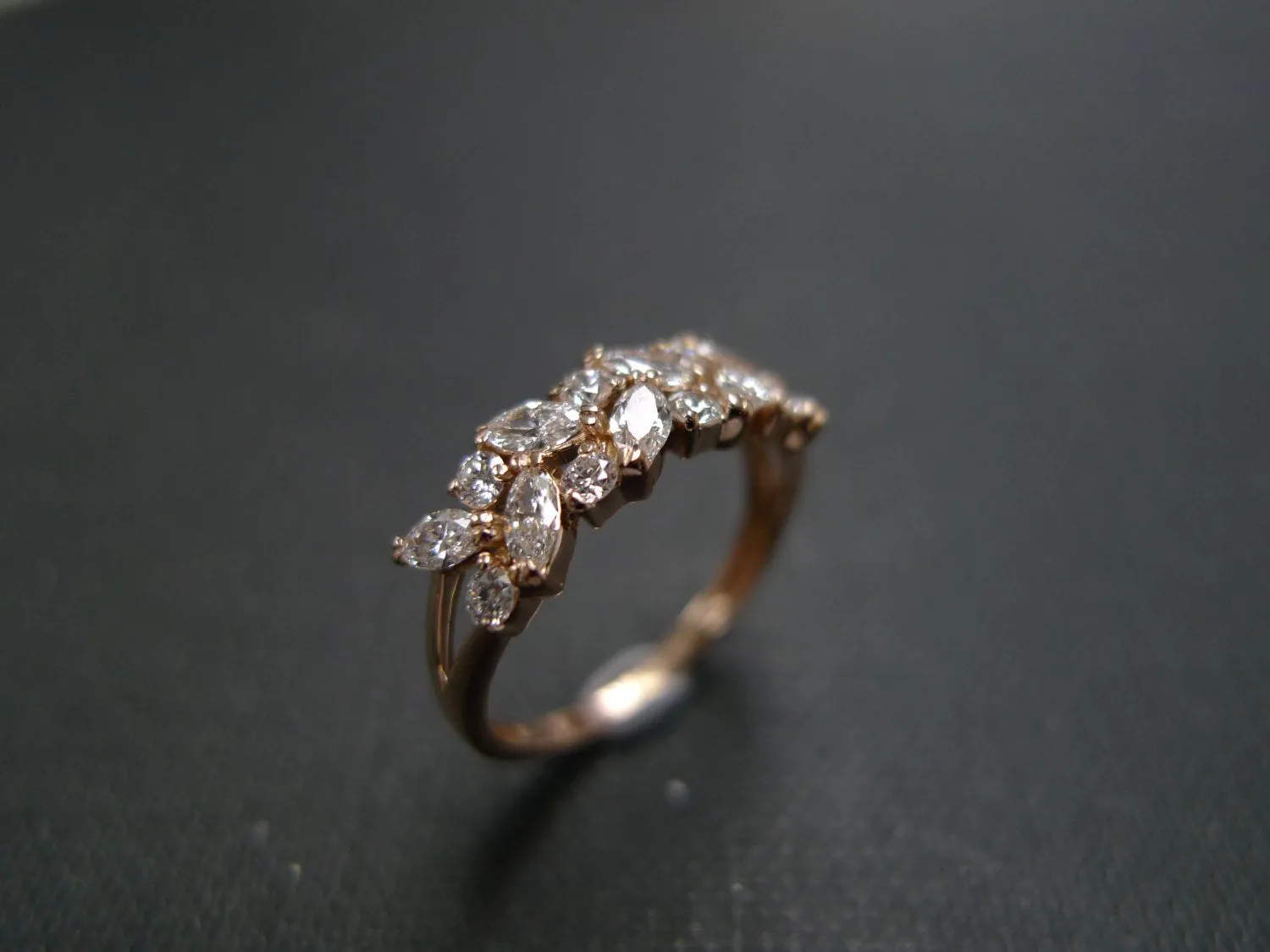 Marquise Cut Diamond and Round Brilliant Cut Diamond Ring in Rose Gold