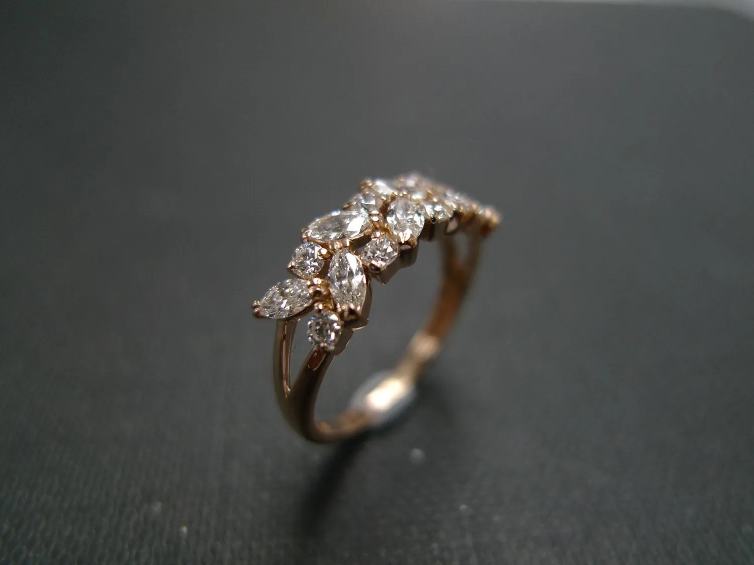 Marquise Cut Diamond and Round Brilliant Cut Diamond Ring in Rose Gold