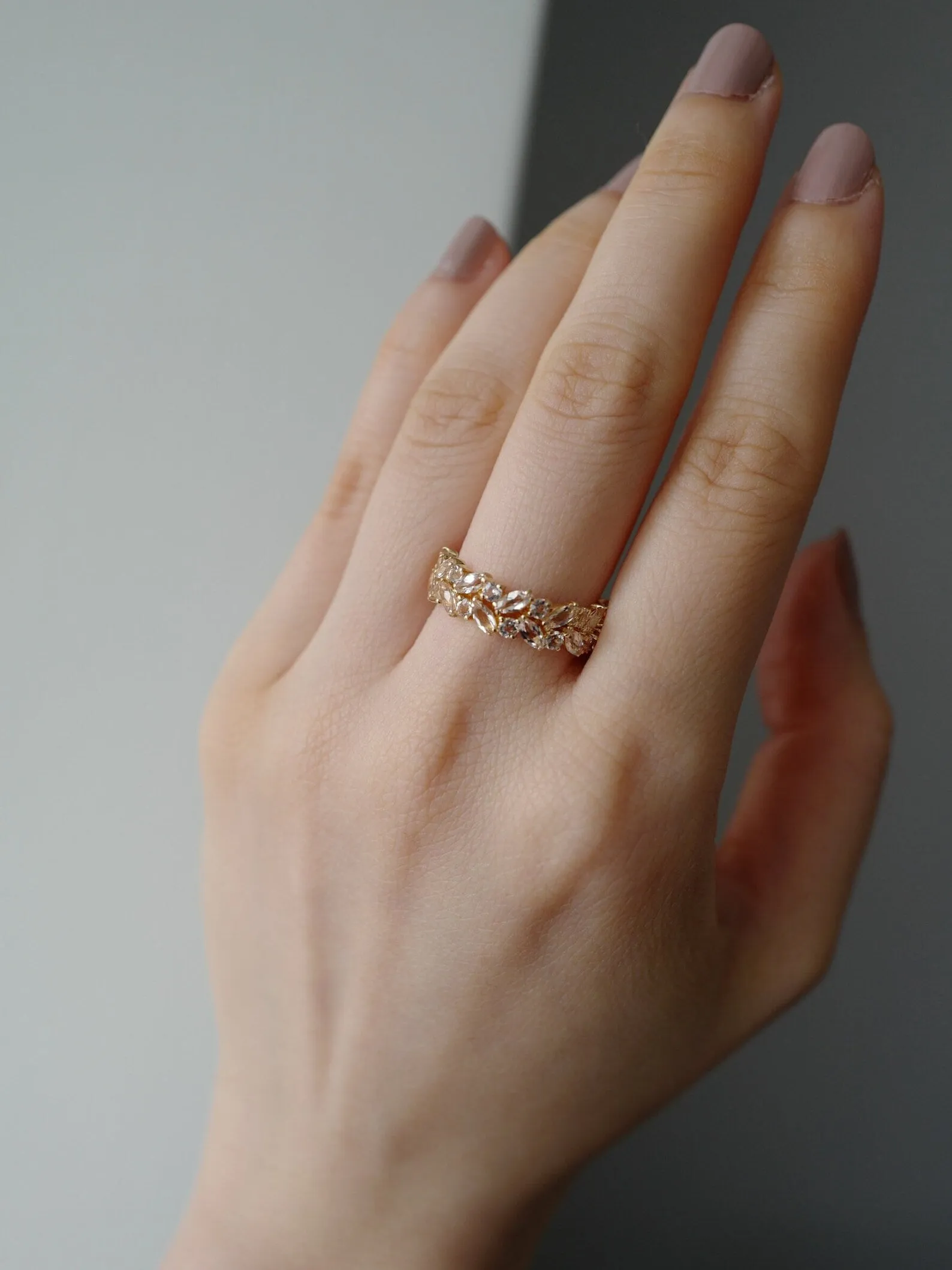 Marquise Cut Morganite Half Eternity Ring in Yellow Gold