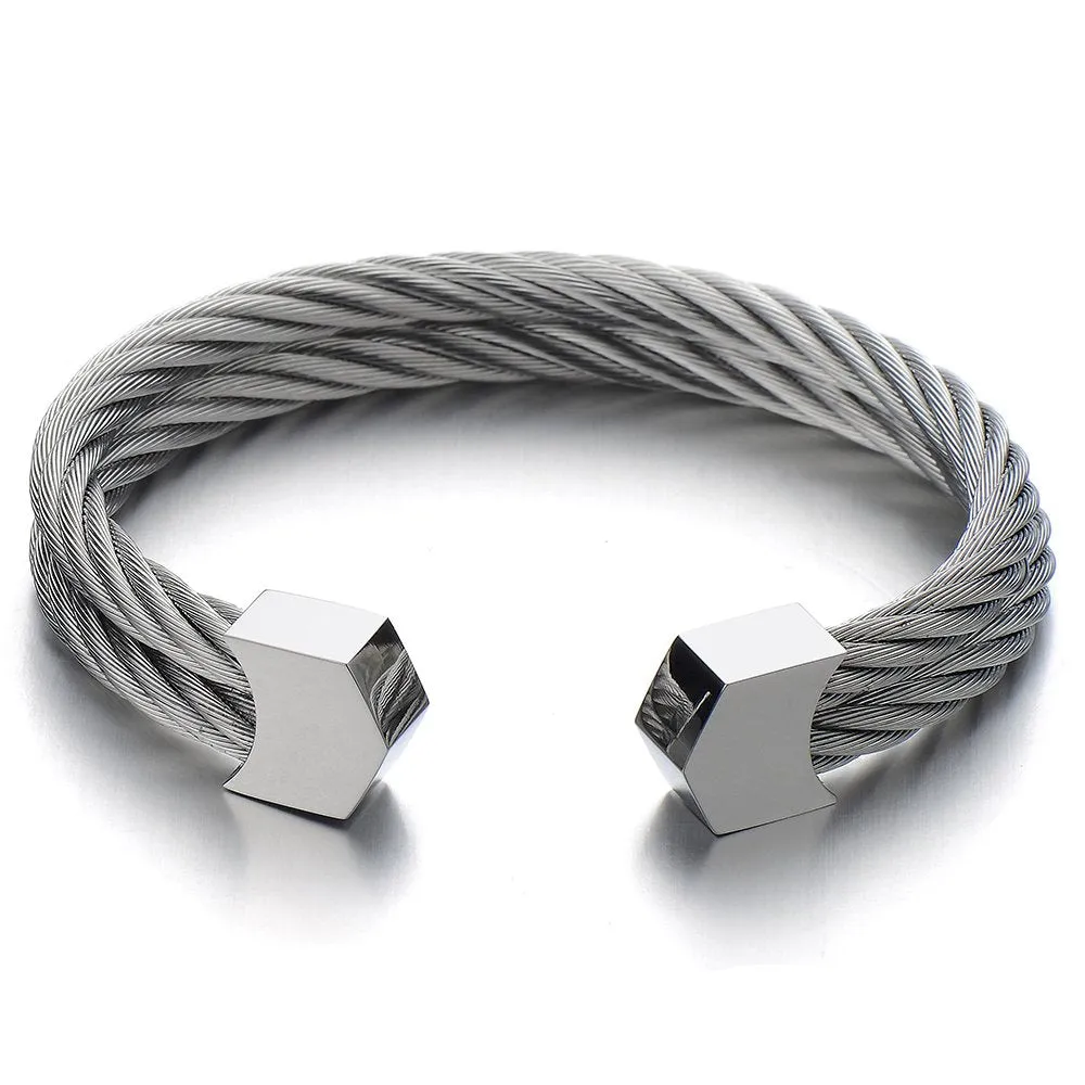 Mens Womens Stainless Steel Two Rows Adjustable Cuff Bangle Bracelet