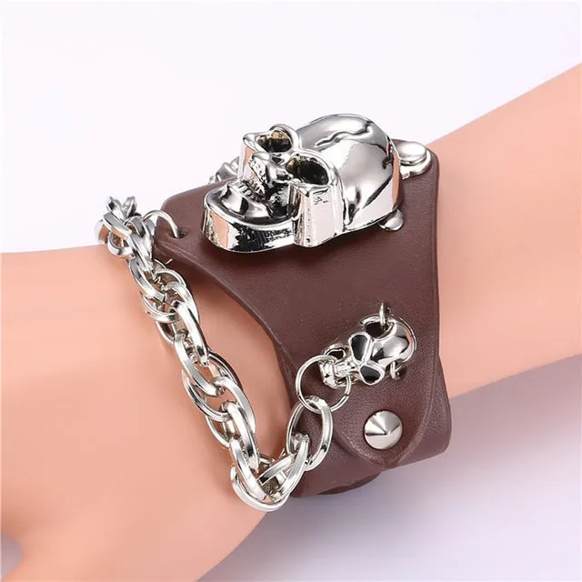 Metal Punk Gothic Cracked Skull and Chain Bracelet