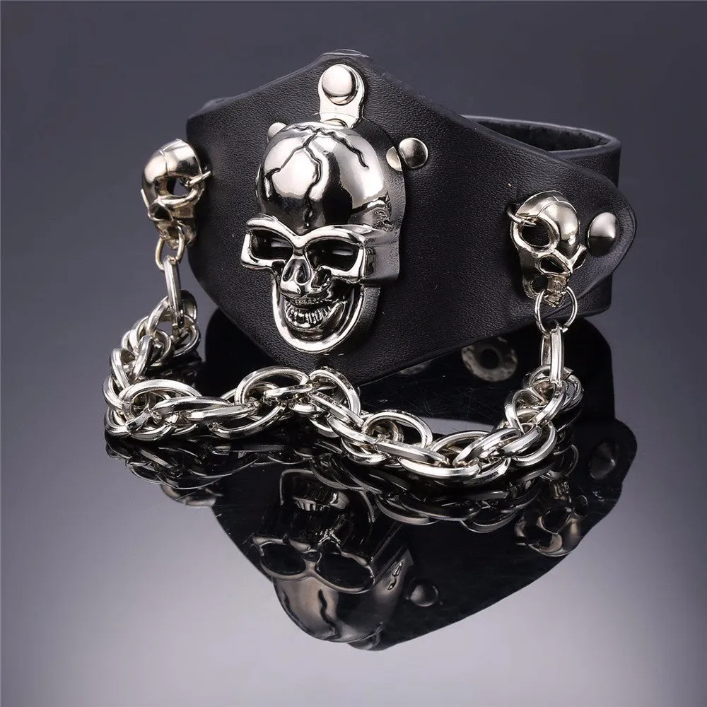 Metal Punk Gothic Cracked Skull and Chain Bracelet