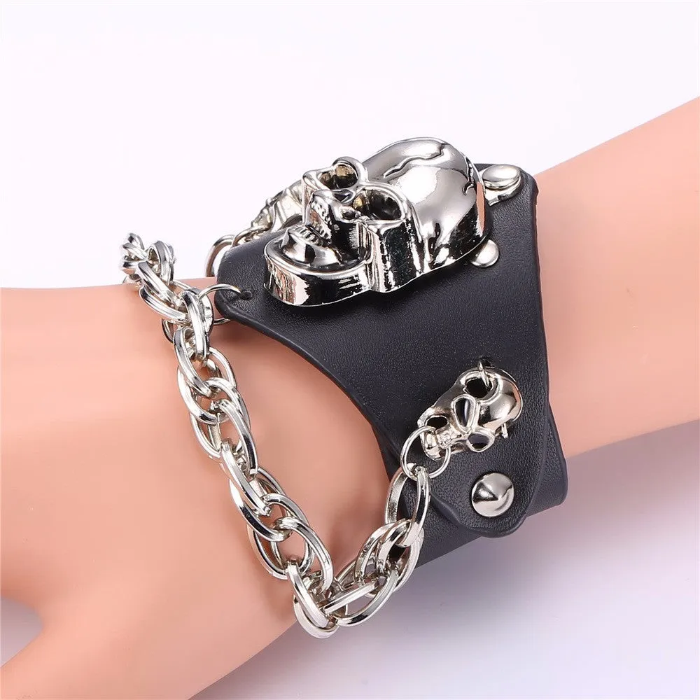 Metal Punk Gothic Cracked Skull and Chain Bracelet