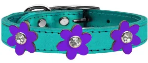 Metallic Flower Leather Collar Metallic Turquoise With Metallic Purple Flowers Size 22