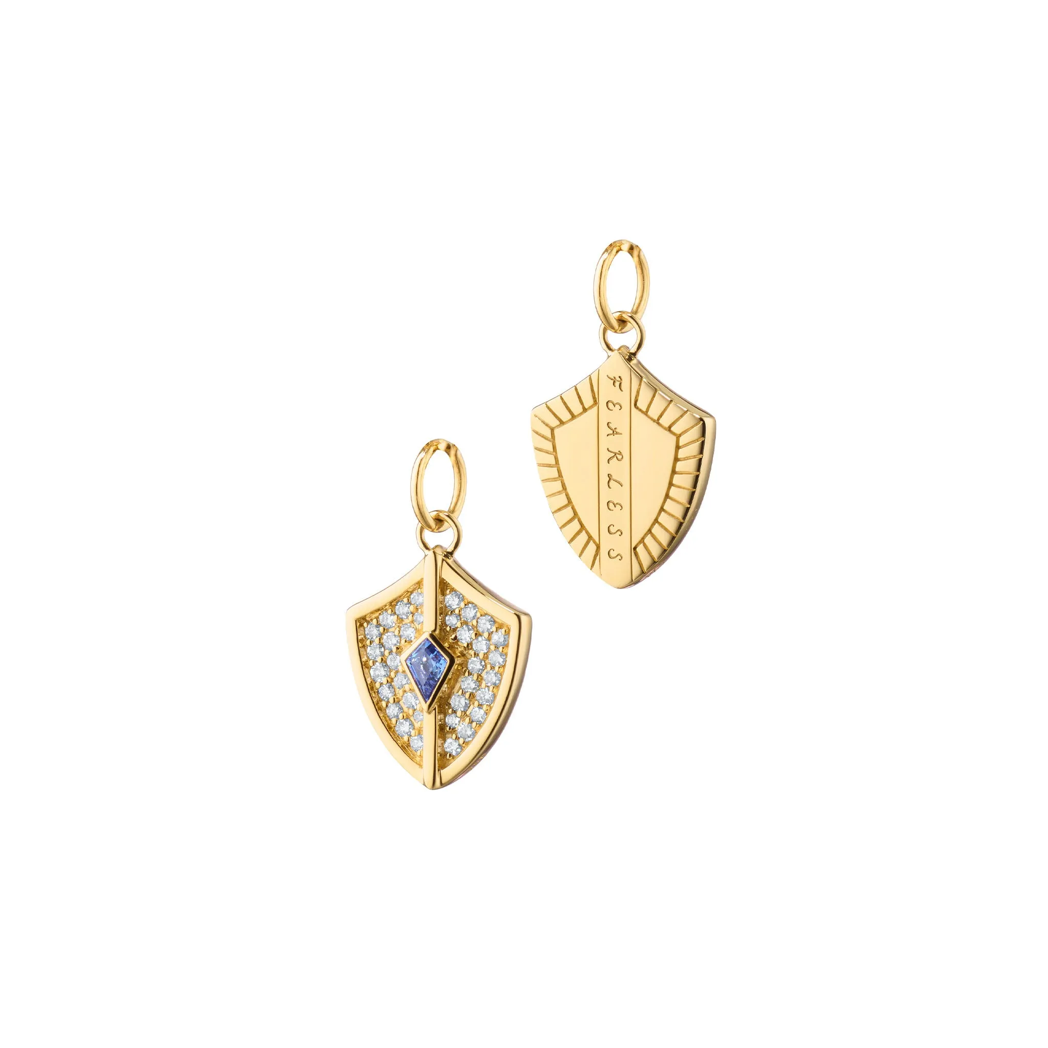 Mini Fearless Shield with Pave Diamonds and Kite Blue Sapphire