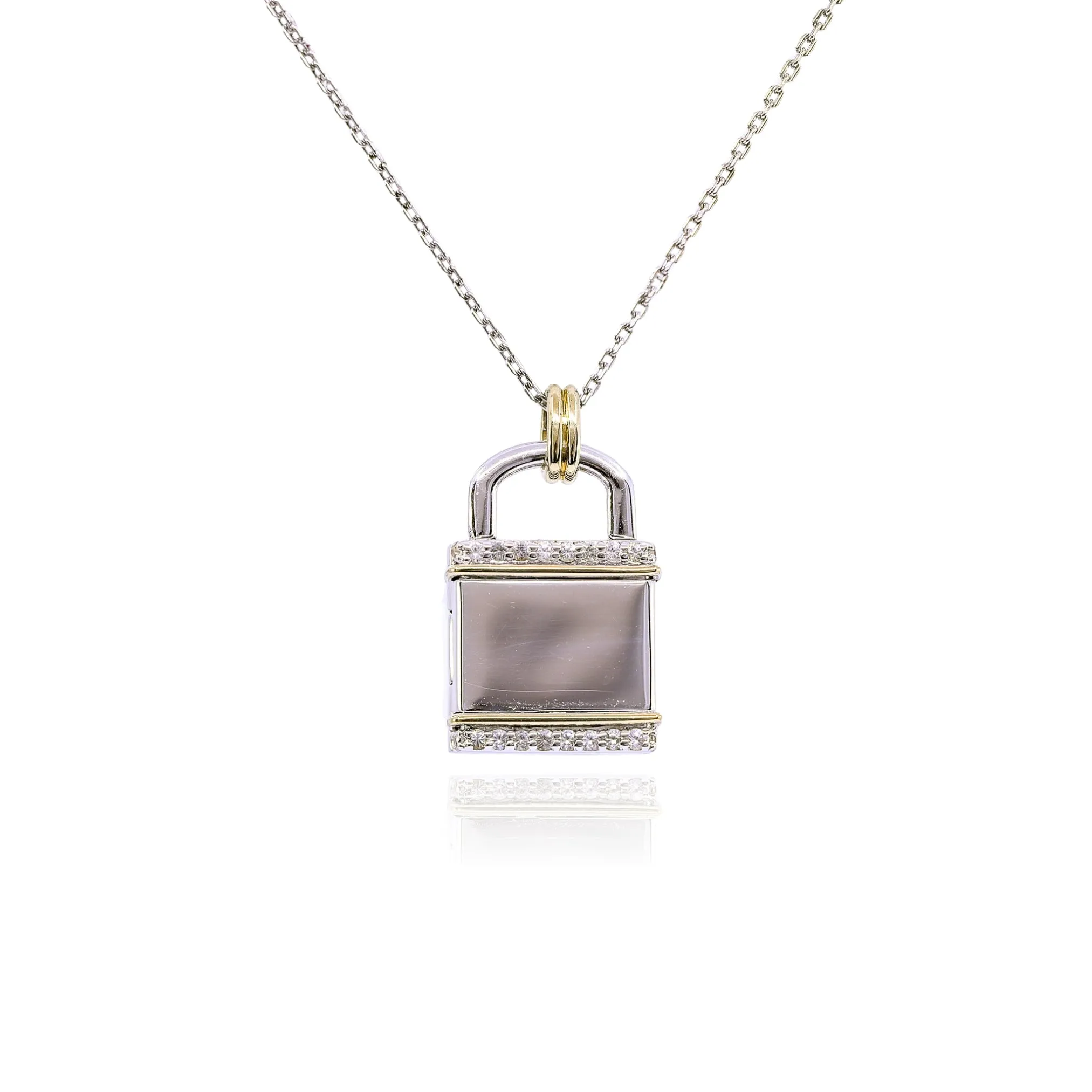 MONICA RICH KOSANN STERLING SILVER 18K YELLOW GOLD WHITE SAPPHIRE PADLOCK PENDANT NECKLACE