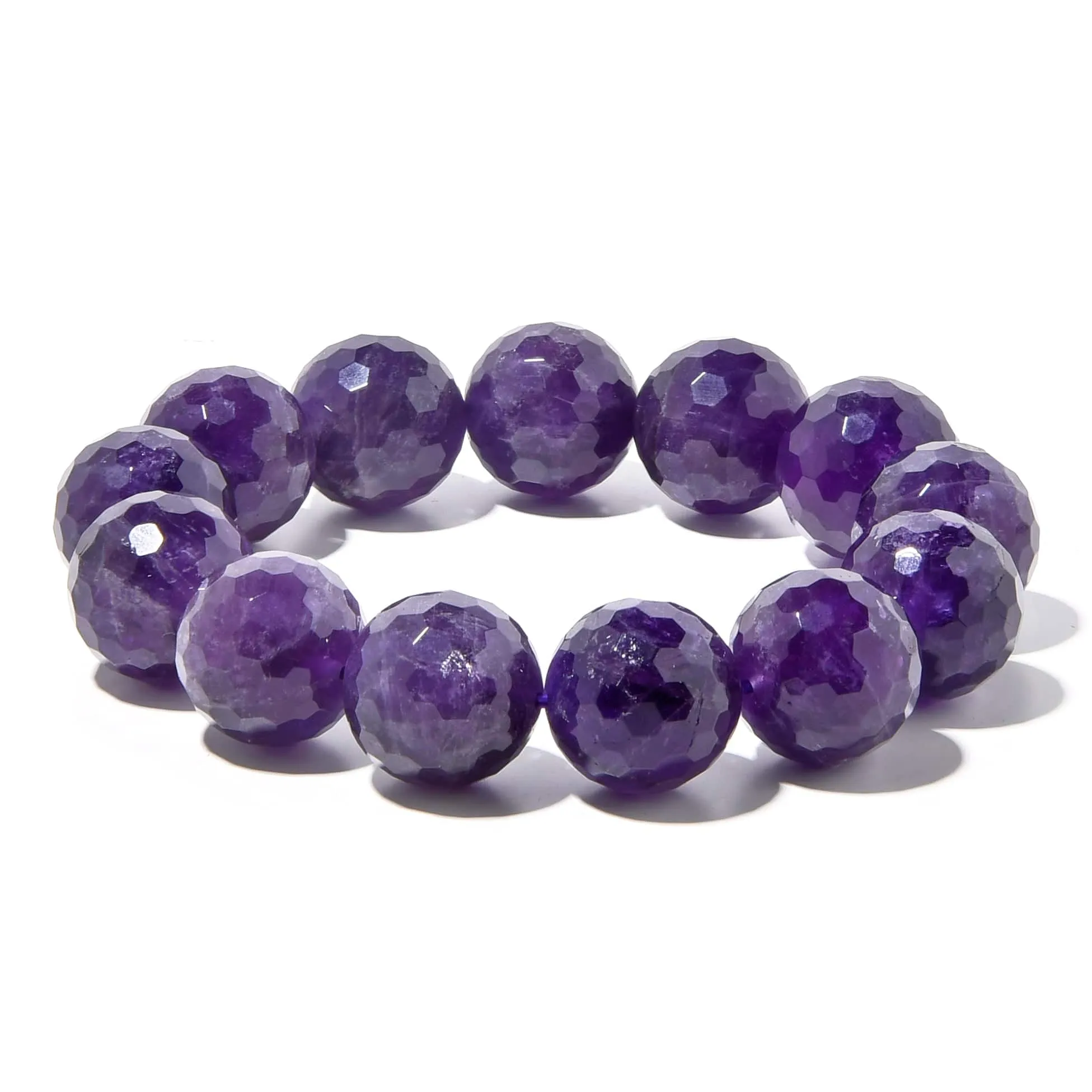 Natural Amethyst 16mm Faceted Gemstone Bead Elastic Bracelet