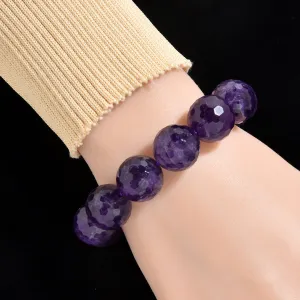 Natural Amethyst 16mm Faceted Gemstone Bead Elastic Bracelet