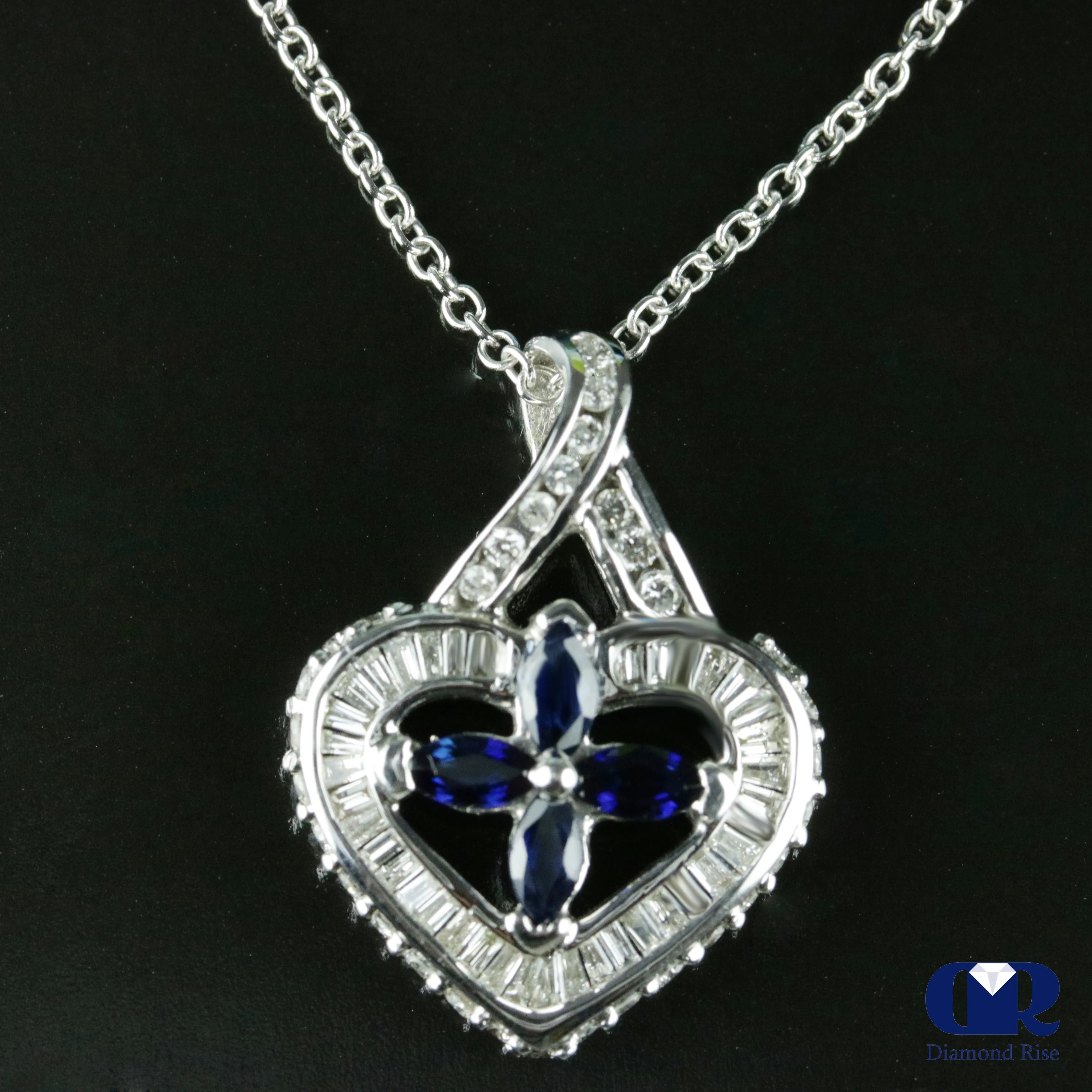 Natural Sapphire & Diamond Pendant Necklace In 14K White Gold