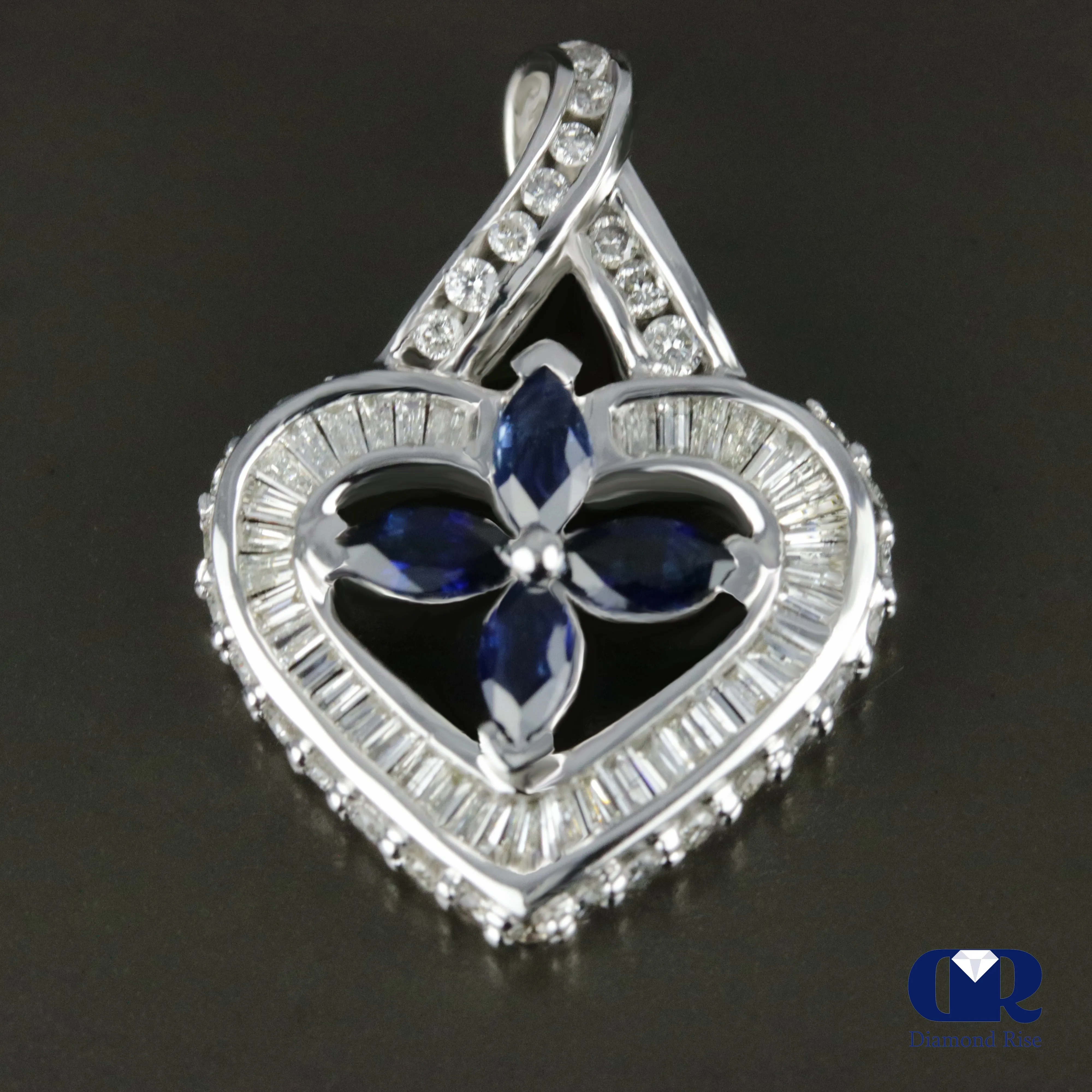 Natural Sapphire & Diamond Pendant Necklace In 14K White Gold