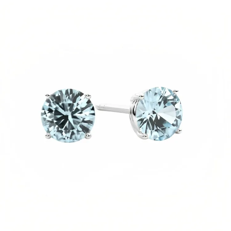 Paris Jewelry 18k White Gold 2 Pair Created Aquamarine 4mm Round & Princess Cut Stud Earrings Plated