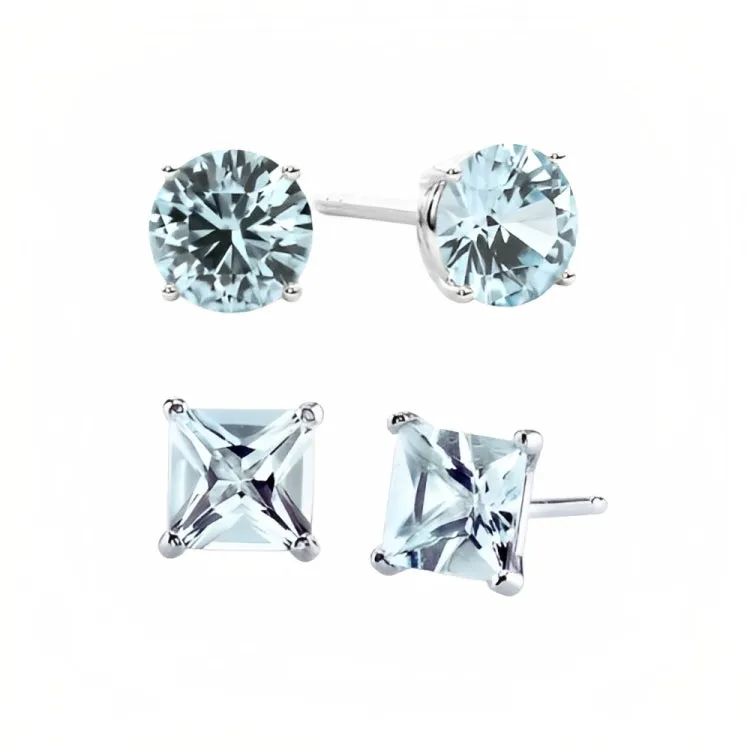 Paris Jewelry 18k White Gold 2 Pair Created Aquamarine 4mm Round & Princess Cut Stud Earrings Plated