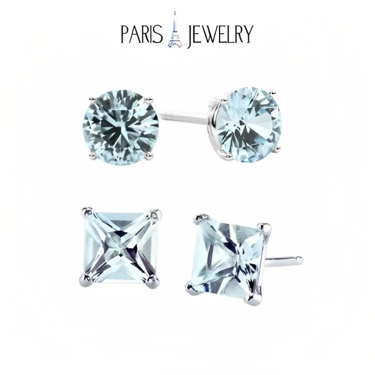 Paris Jewelry 18k White Gold 2 Pair Created Aquamarine 4mm Round & Princess Cut Stud Earrings Plated