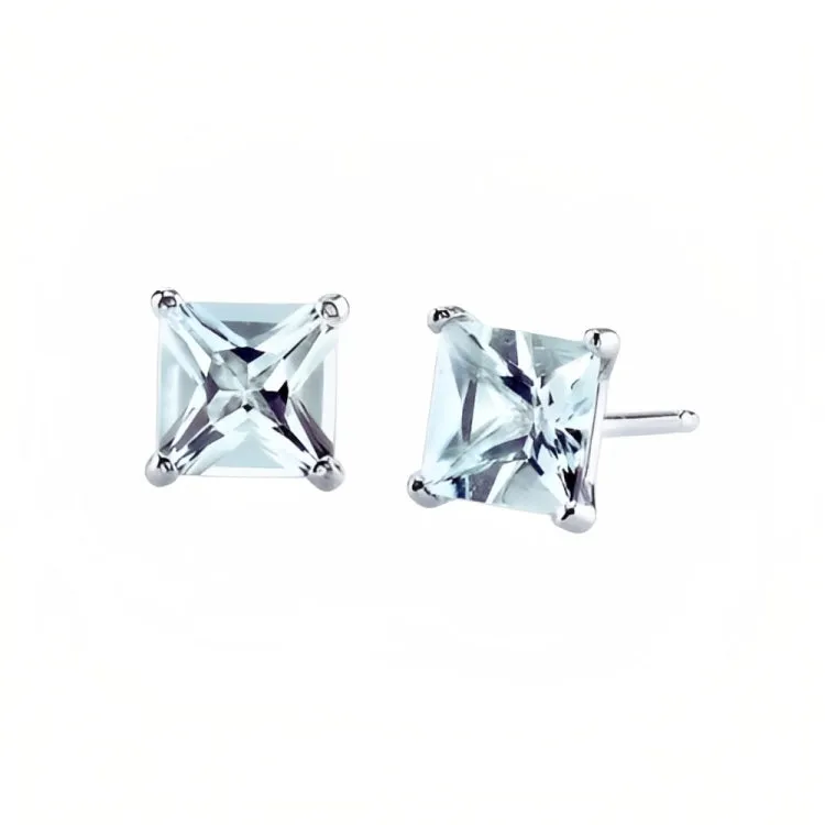 Paris Jewelry 18k White Gold 2 Pair Created Aquamarine 4mm Round & Princess Cut Stud Earrings Plated