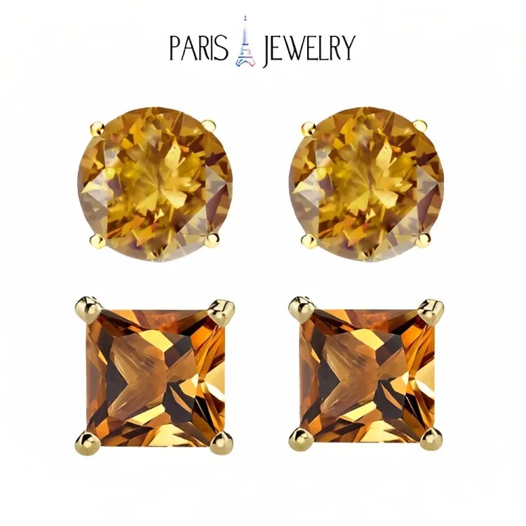 Paris Jewelry 18k Yellow Gold 2 Pair Created Citrine 6mm Round & Princess Cut Stud Earrings Plated