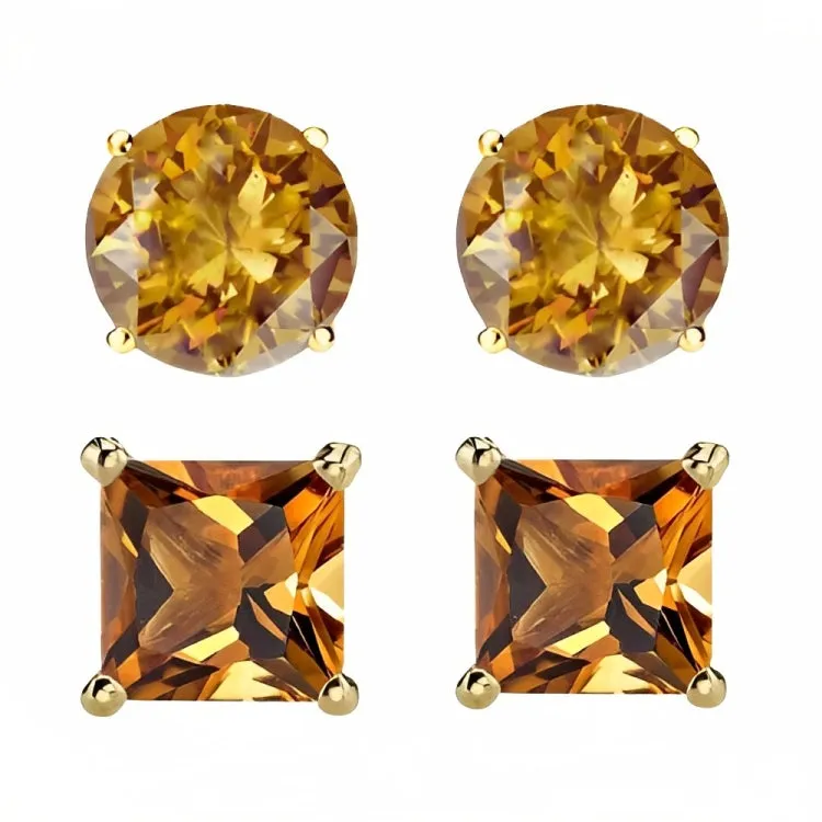 Paris Jewelry 18k Yellow Gold 2 Pair Created Citrine 6mm Round & Princess Cut Stud Earrings Plated