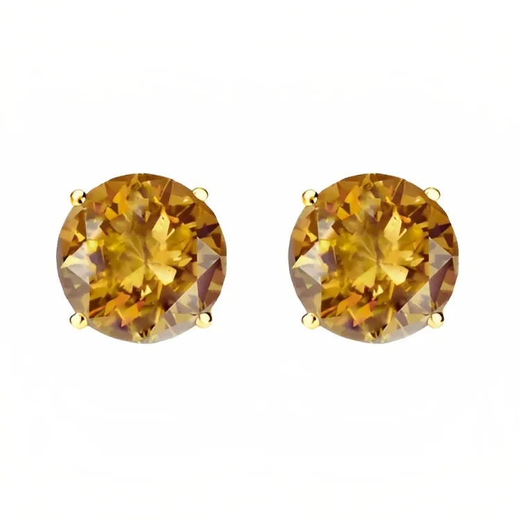 Paris Jewelry 18k Yellow Gold 2 Pair Created Citrine 6mm Round & Princess Cut Stud Earrings Plated