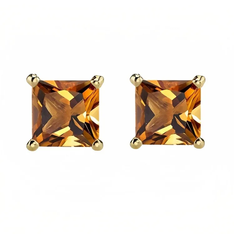 Paris Jewelry 18k Yellow Gold 2 Pair Created Citrine 6mm Round & Princess Cut Stud Earrings Plated