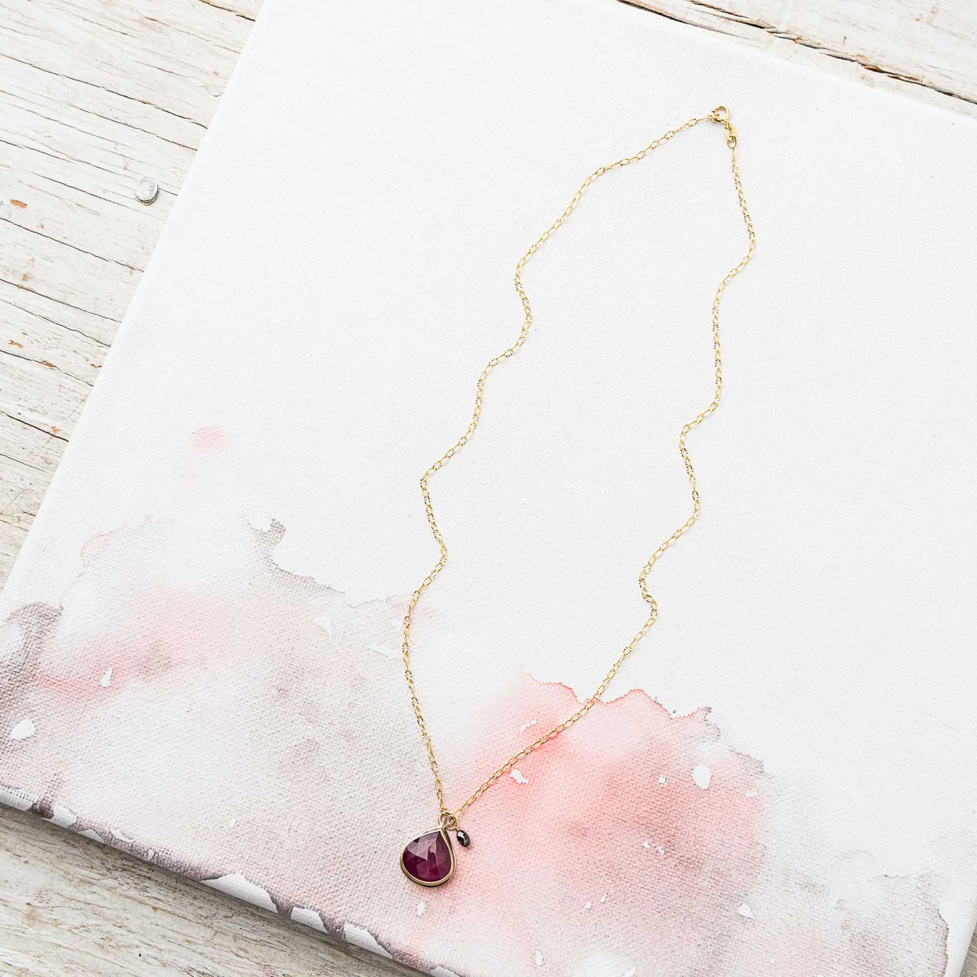 Pink Sapphire Pear Necklace with Black Diamond in 14k Gold