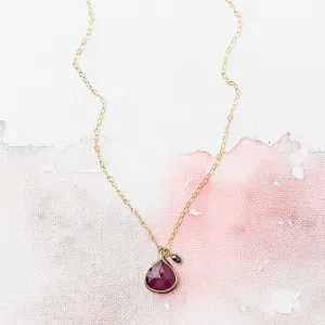 Pink Sapphire Pear Necklace with Black Diamond in 14k Gold