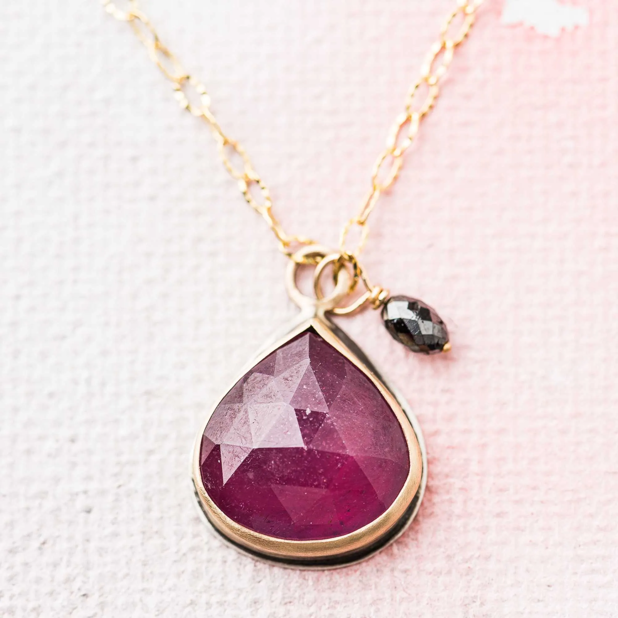 Pink Sapphire Pear Necklace with Black Diamond in 14k Gold