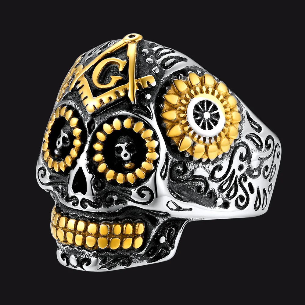 Punk Masonic Sugar Skull Ring for Men