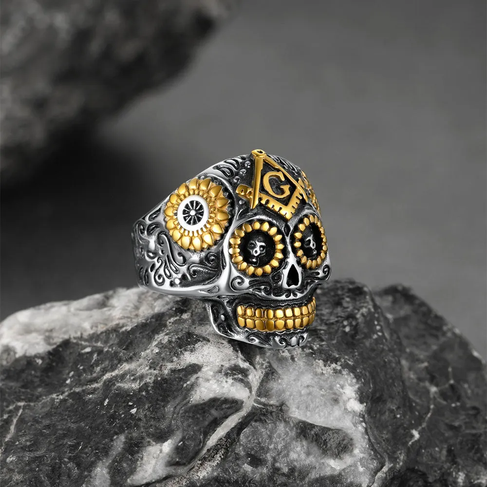 Punk Masonic Sugar Skull Ring for Men