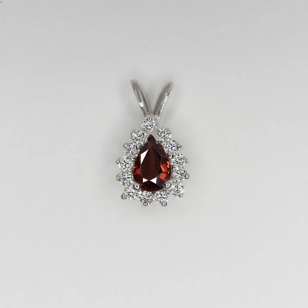 RED ORANGE SAPPHIRE DIAMOND PENDANT 14k WHITE GOLD PEAR SHAPE HALO NECKLACE 1/2c