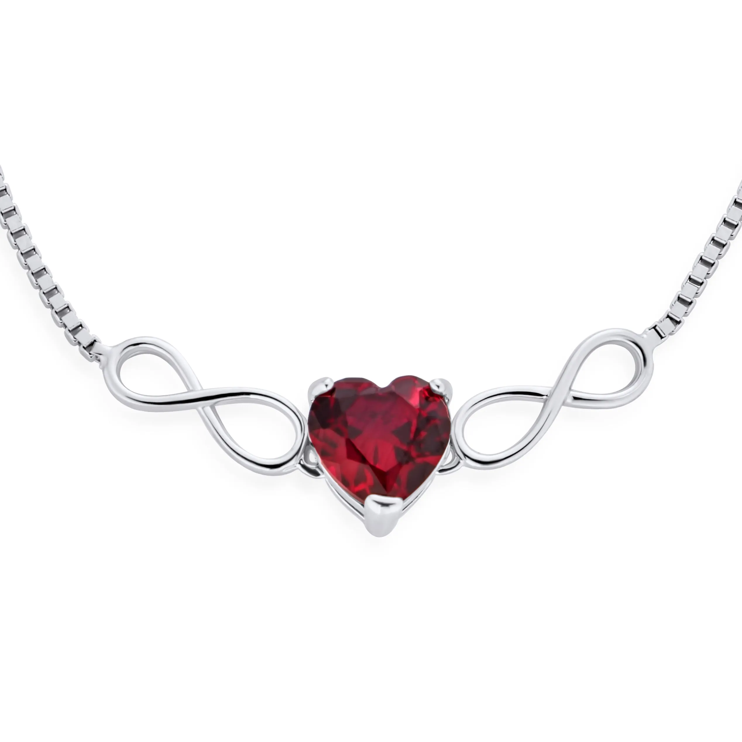 Romantic Dainty Red Heart Tennis Bracelet with Ruby and Love Knot Infinity Design