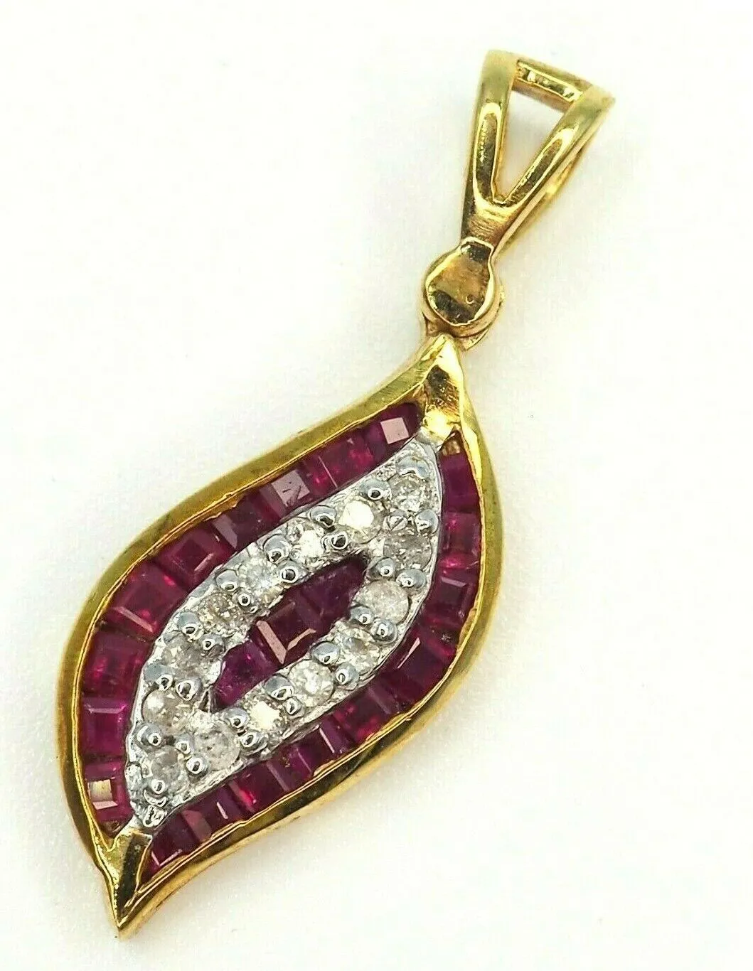 Ruby & Diamond Leaf Pattern 9ct Yellow Gold Pendant