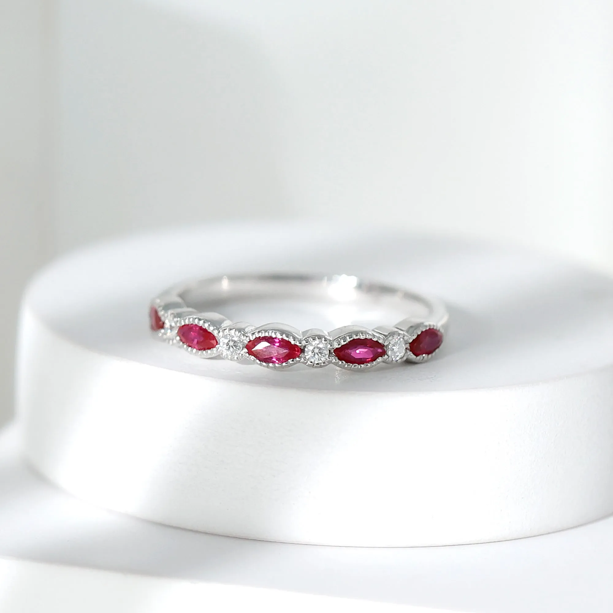 Ruby and Moissanite Stackable Ring in Beaded Bezel Setting