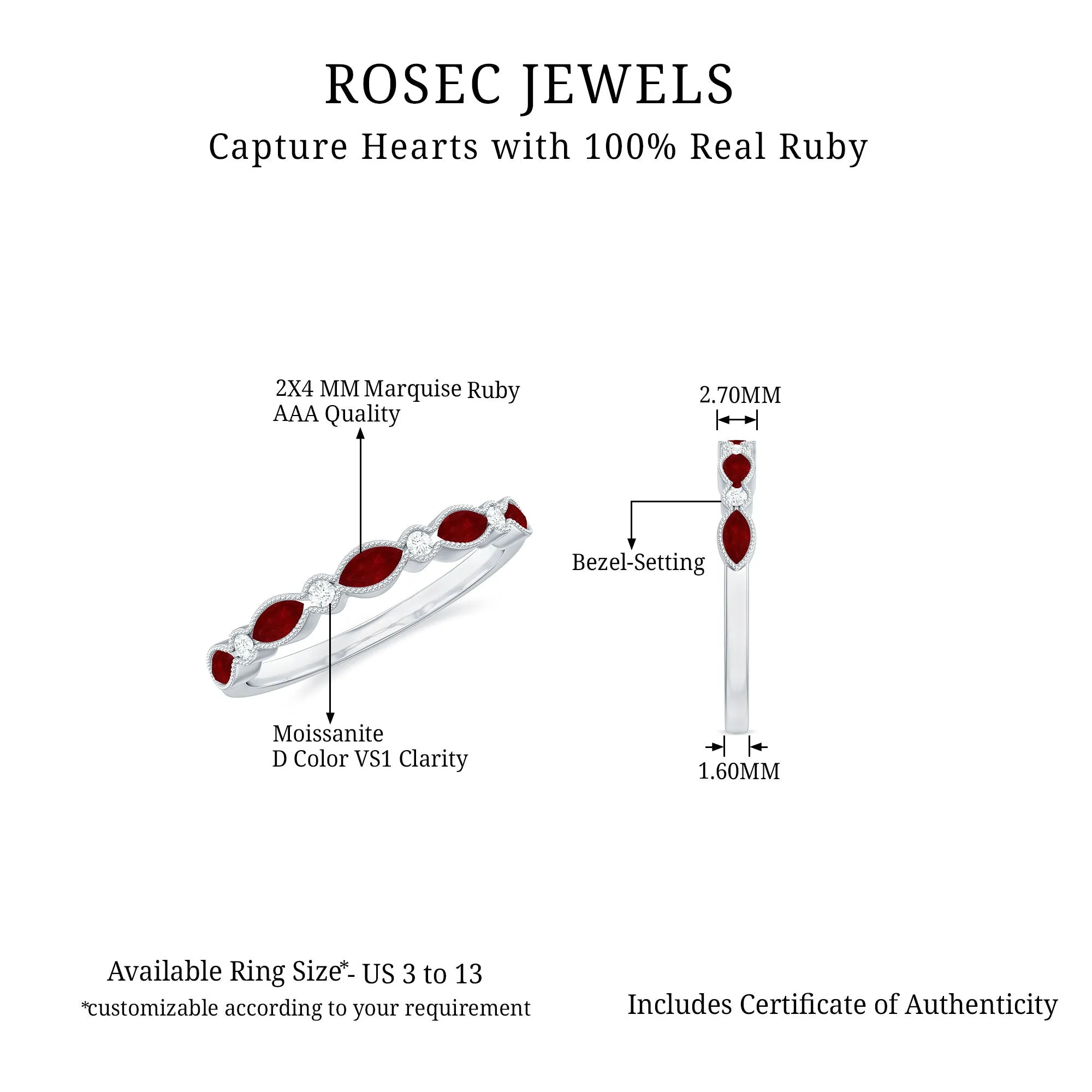 Ruby and Moissanite Stackable Ring in Beaded Bezel Setting