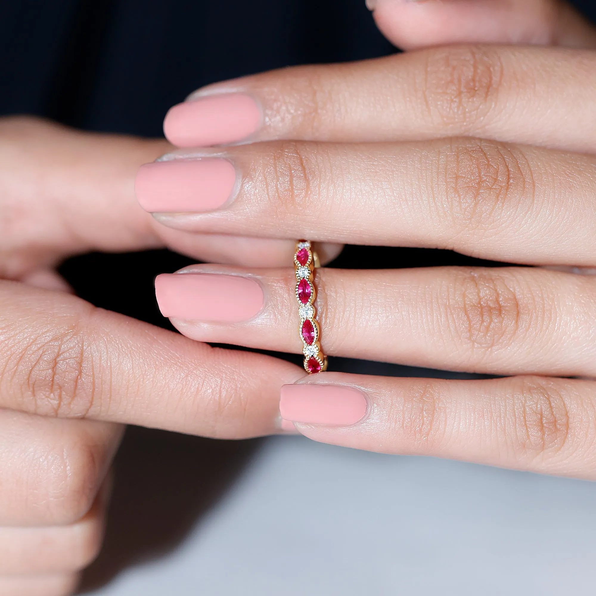 Ruby and Moissanite Stackable Ring in Beaded Bezel Setting