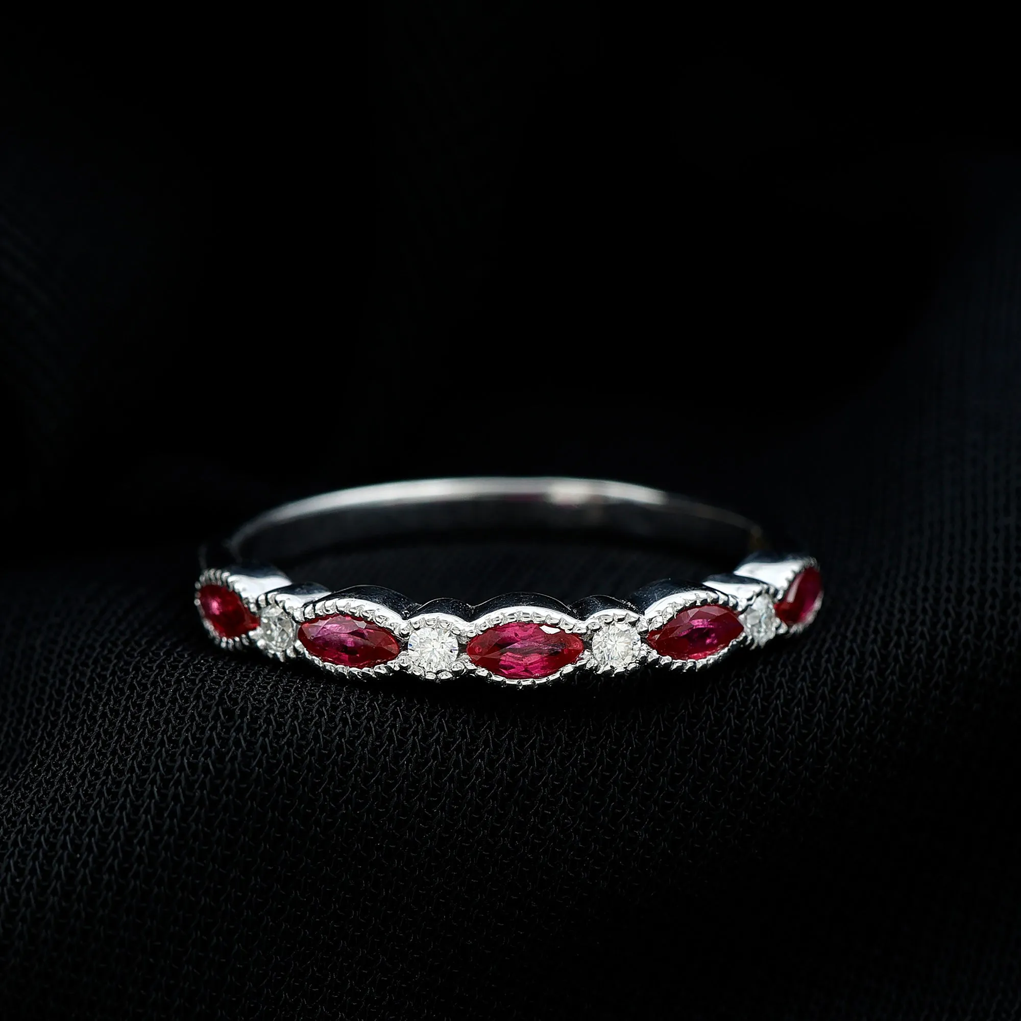 Ruby and Moissanite Stackable Ring in Beaded Bezel Setting