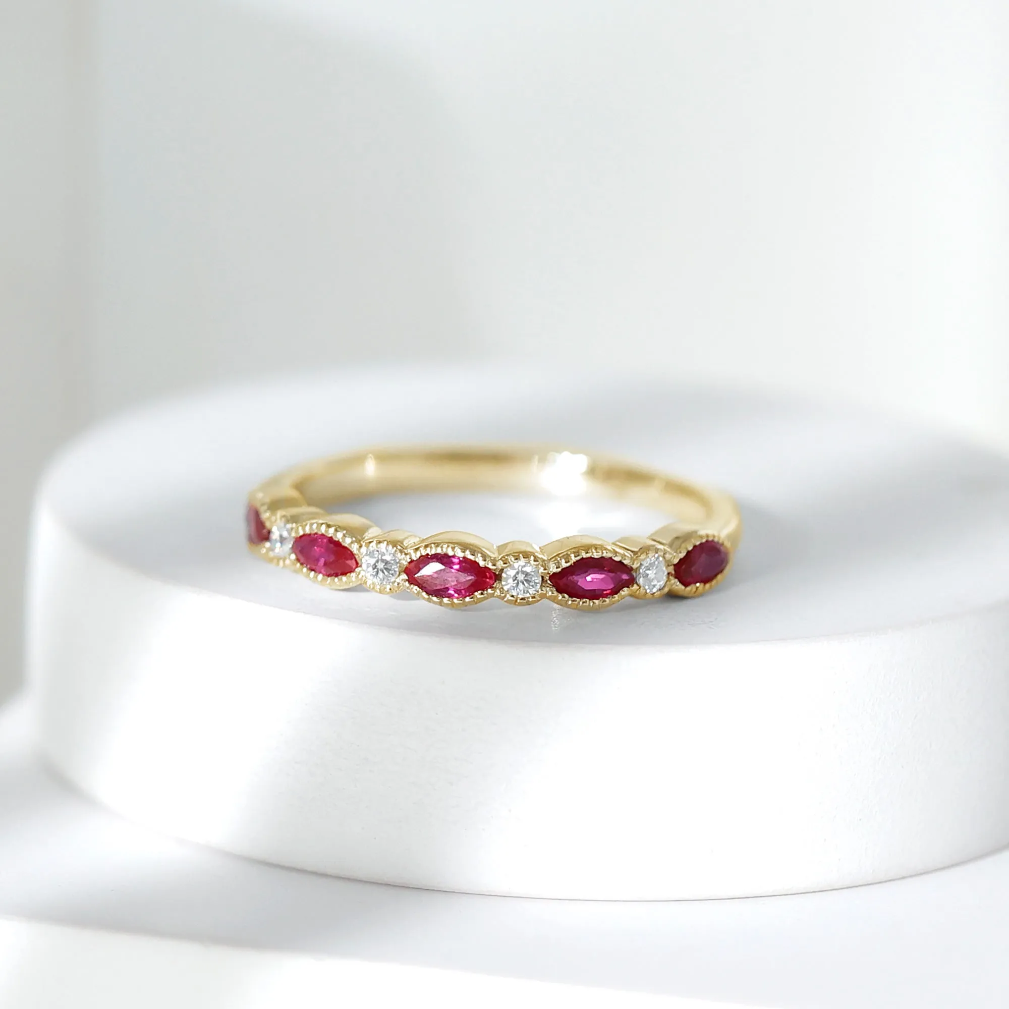 Ruby and Moissanite Stackable Ring in Beaded Bezel Setting