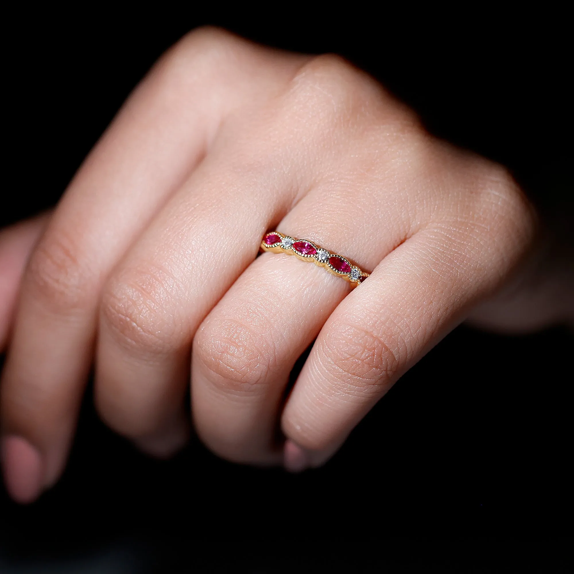 Ruby and Moissanite Stackable Ring in Beaded Bezel Setting